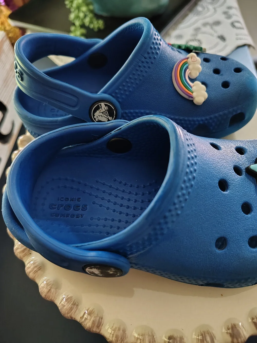 Blue Kids Crocs-Style Clog with Rainbow & Star Charms Sz.7